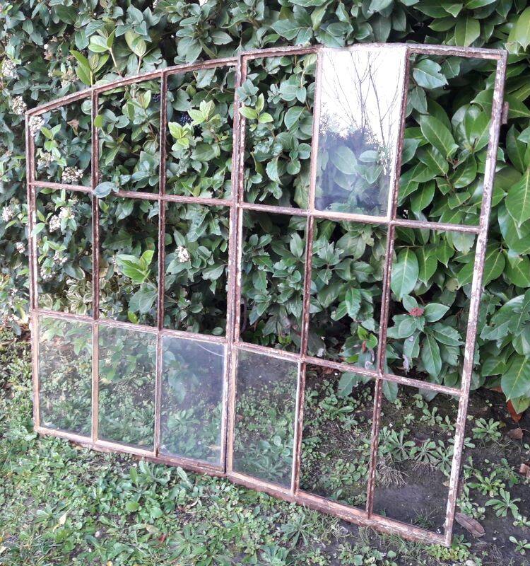 Industrial arched metal window L128xH114 19th century glass roof 2 leaves