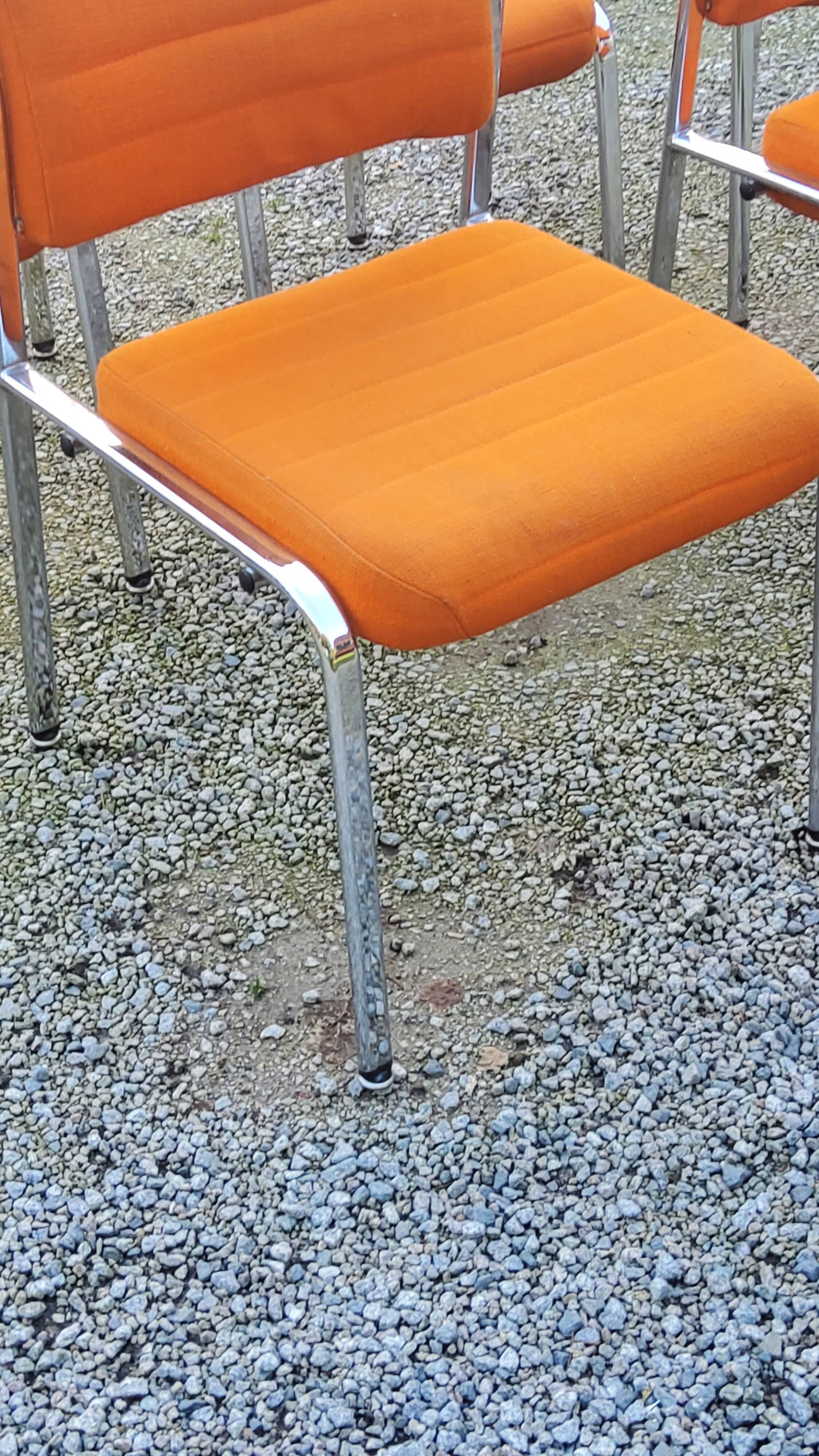 Set of 6 designer chairs from the 70s orange fabrics and chrome tubes