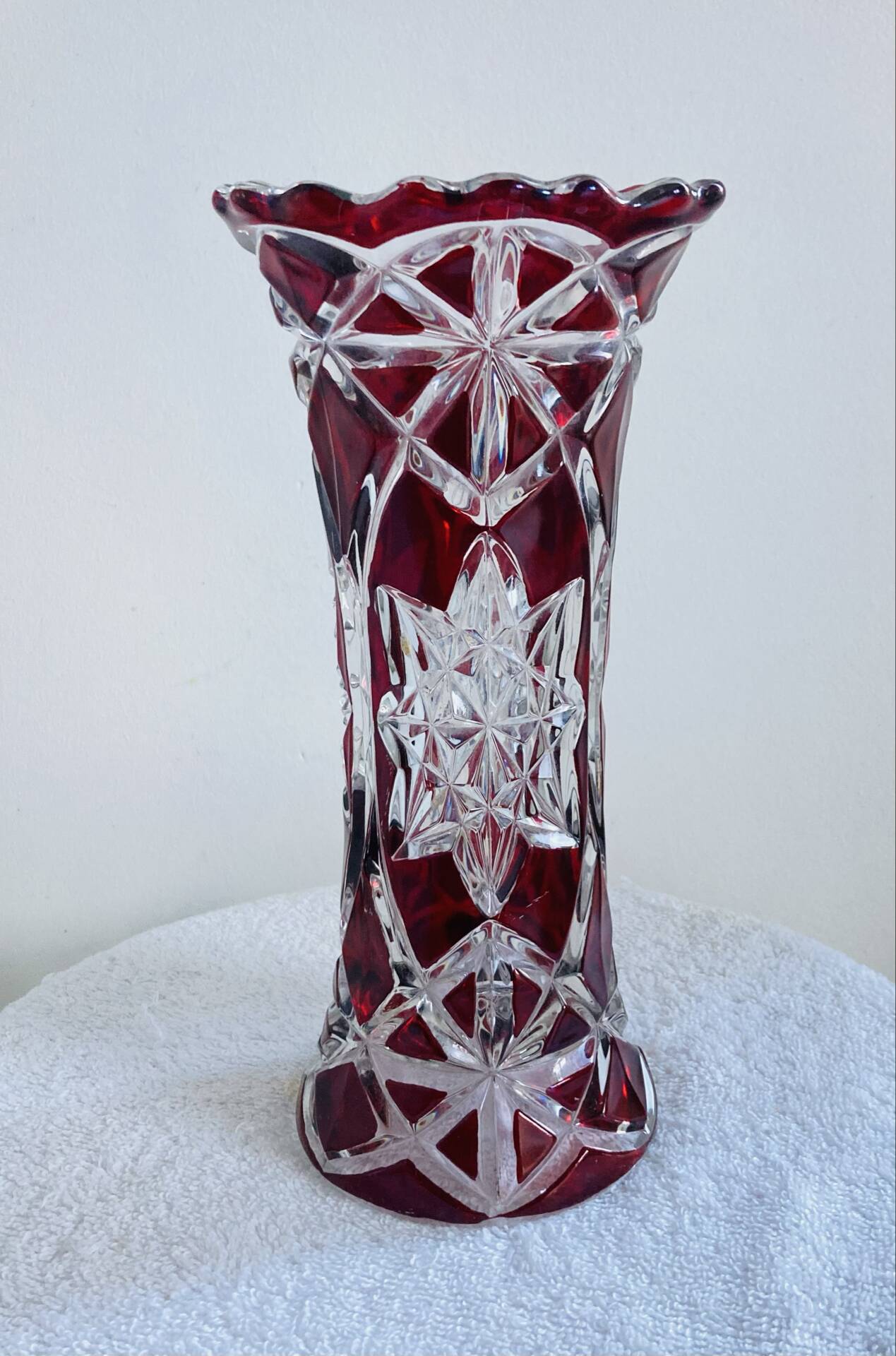 Antique bohemian crystal vase from the mid-20th century in bacara style.