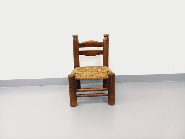 Chaise basse  vintage en bois et paille