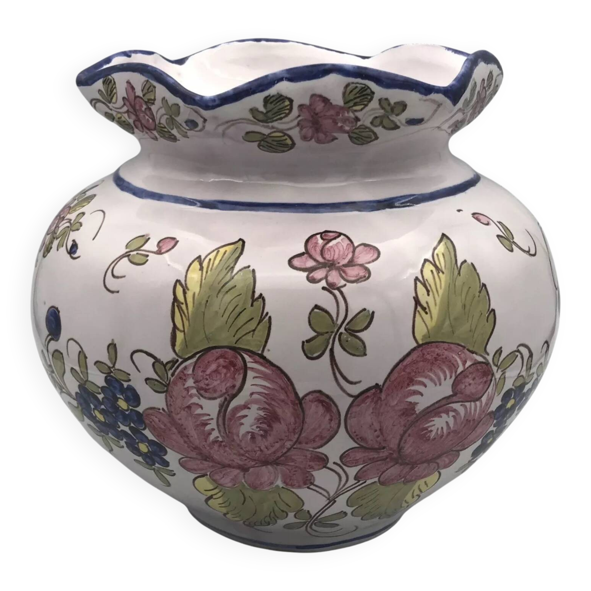 Round earthenware vase with polychrome floral motifs, signed