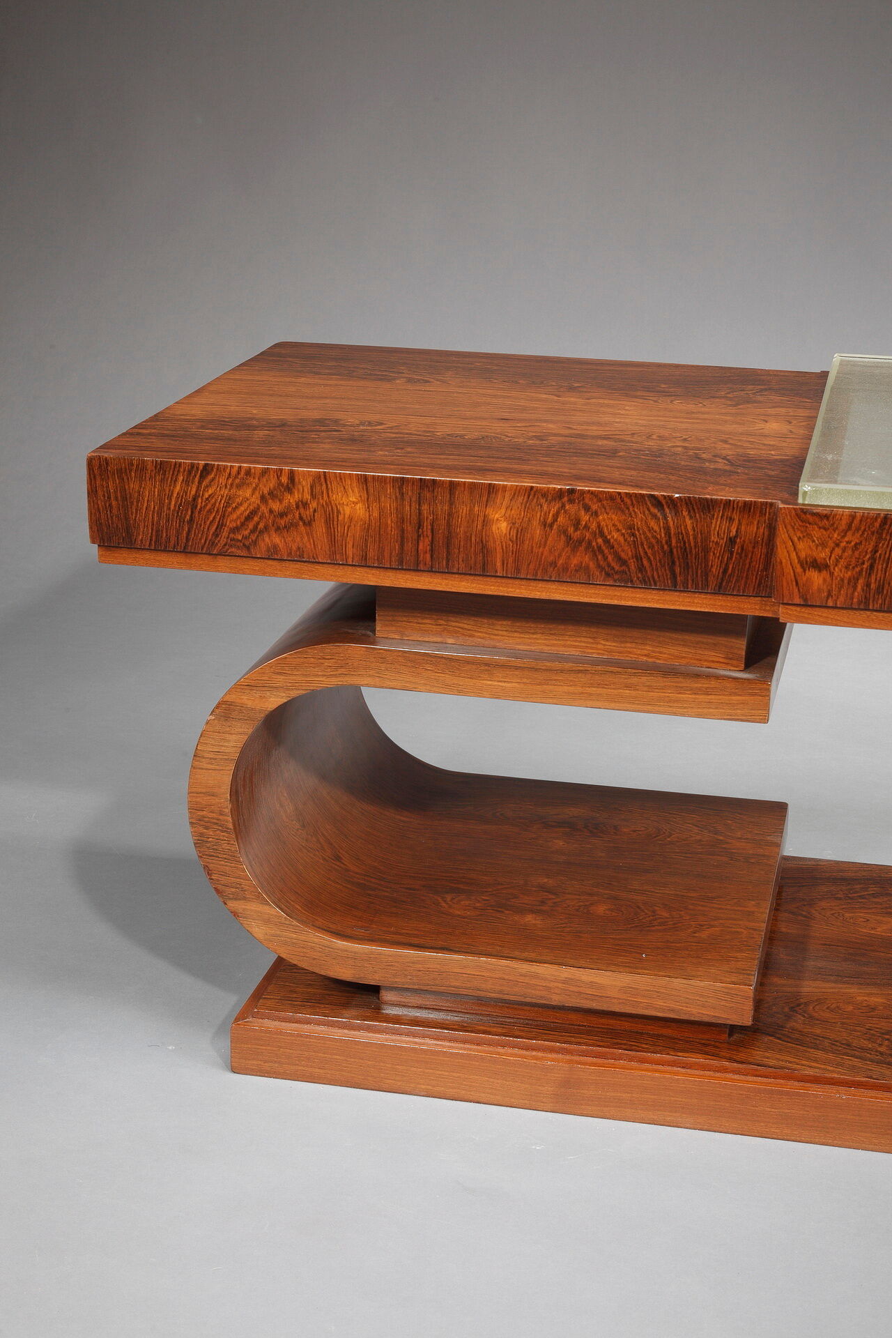 Table basse art déco en palissandre et verre