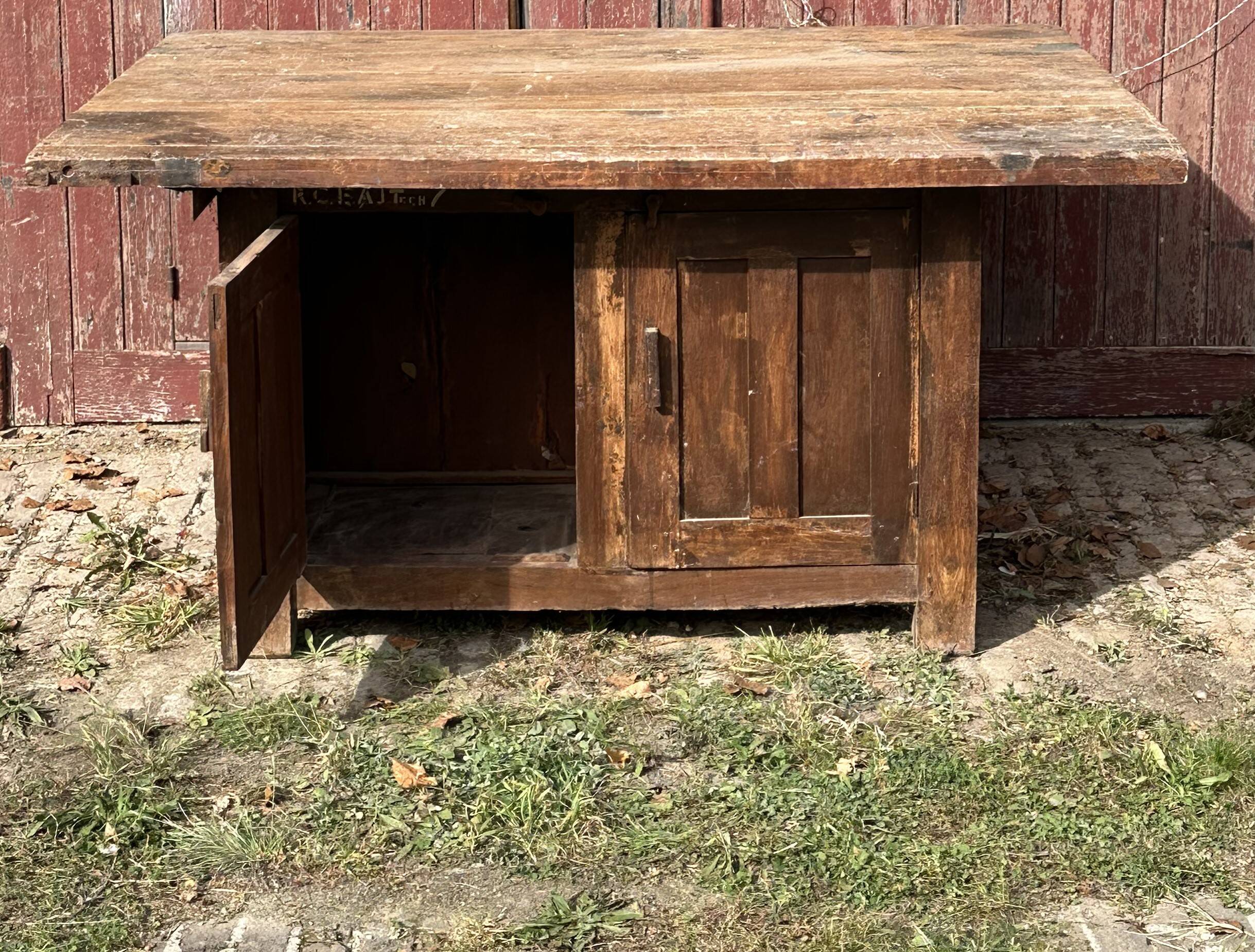 Large solid wood table, storage with 2 doors