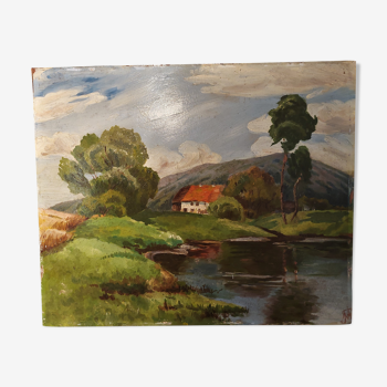 Tableau peinture huile sur panneau paysage pays basque