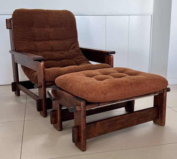 Fauteuil et ottoman scandinaves en chêne, années 60