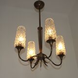 French vintage retro chandelier with 4 lights in brass and bronze with cut glass shades.