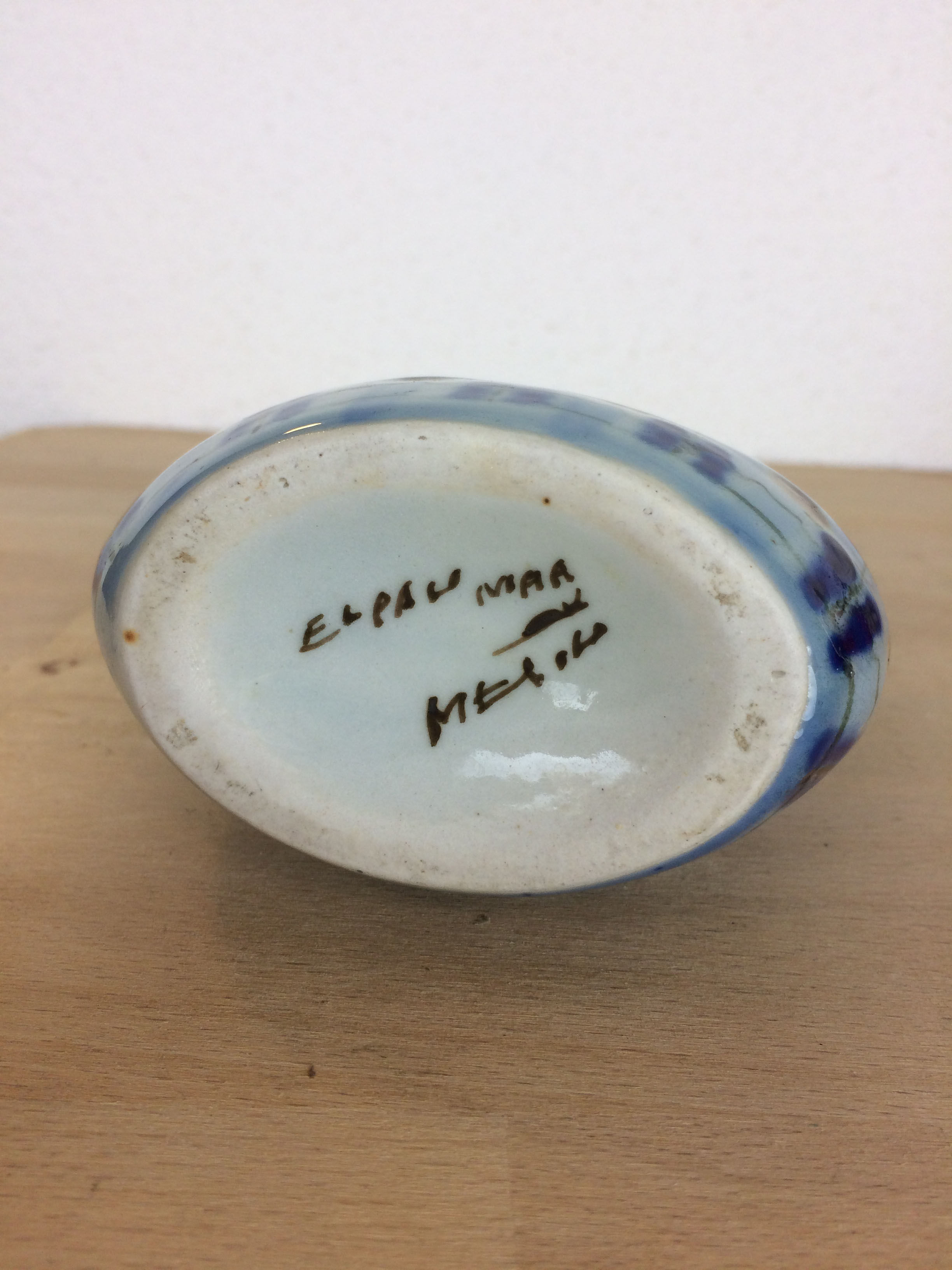 Vintage blue ceramic vase, bird decor