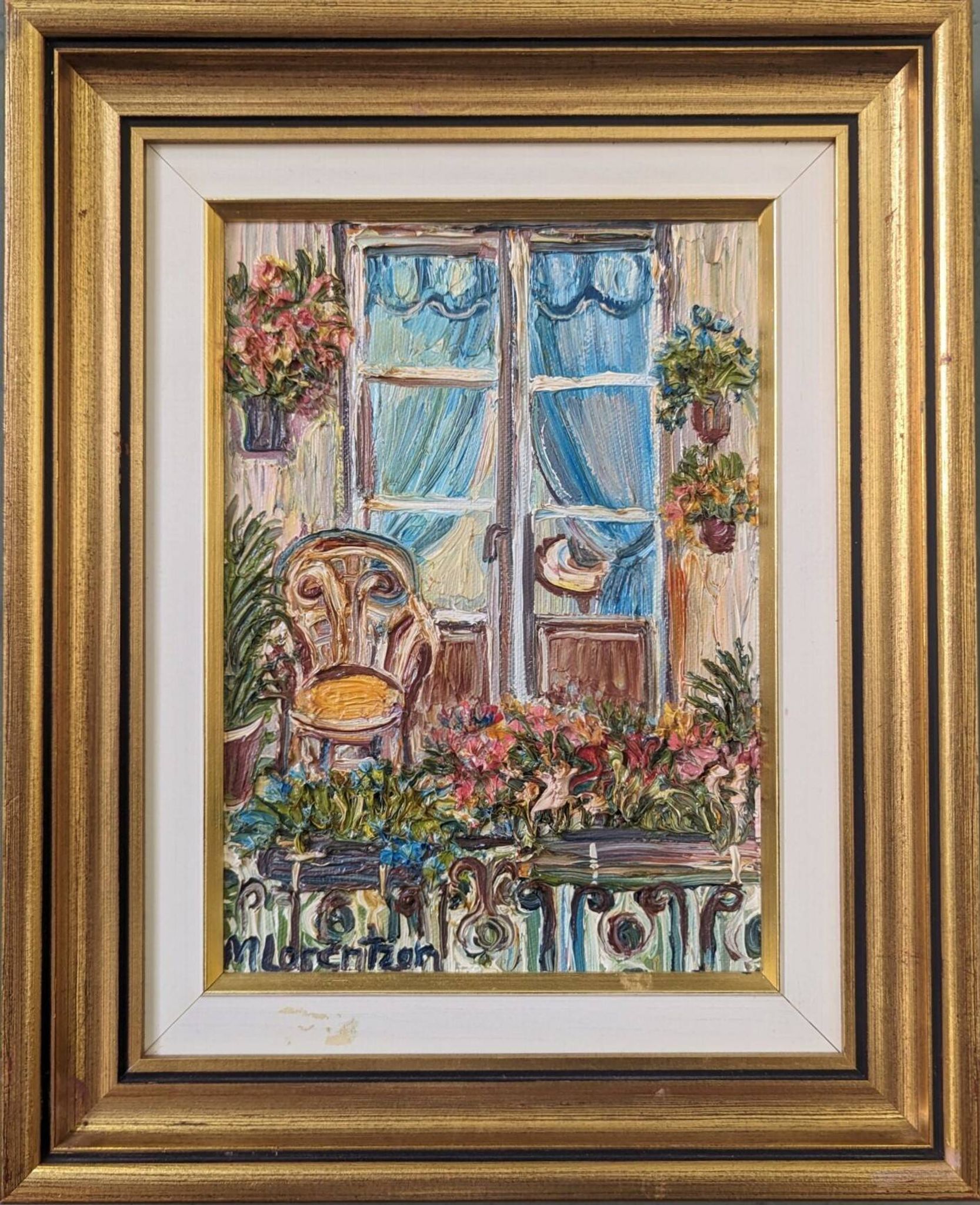 Mid-Century Modern Swedish "Balcony Garden" Vintage Oil Painting, Framed