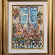 Mid-Century Modern Swedish "Balcony Garden" Vintage Oil Painting, Framed