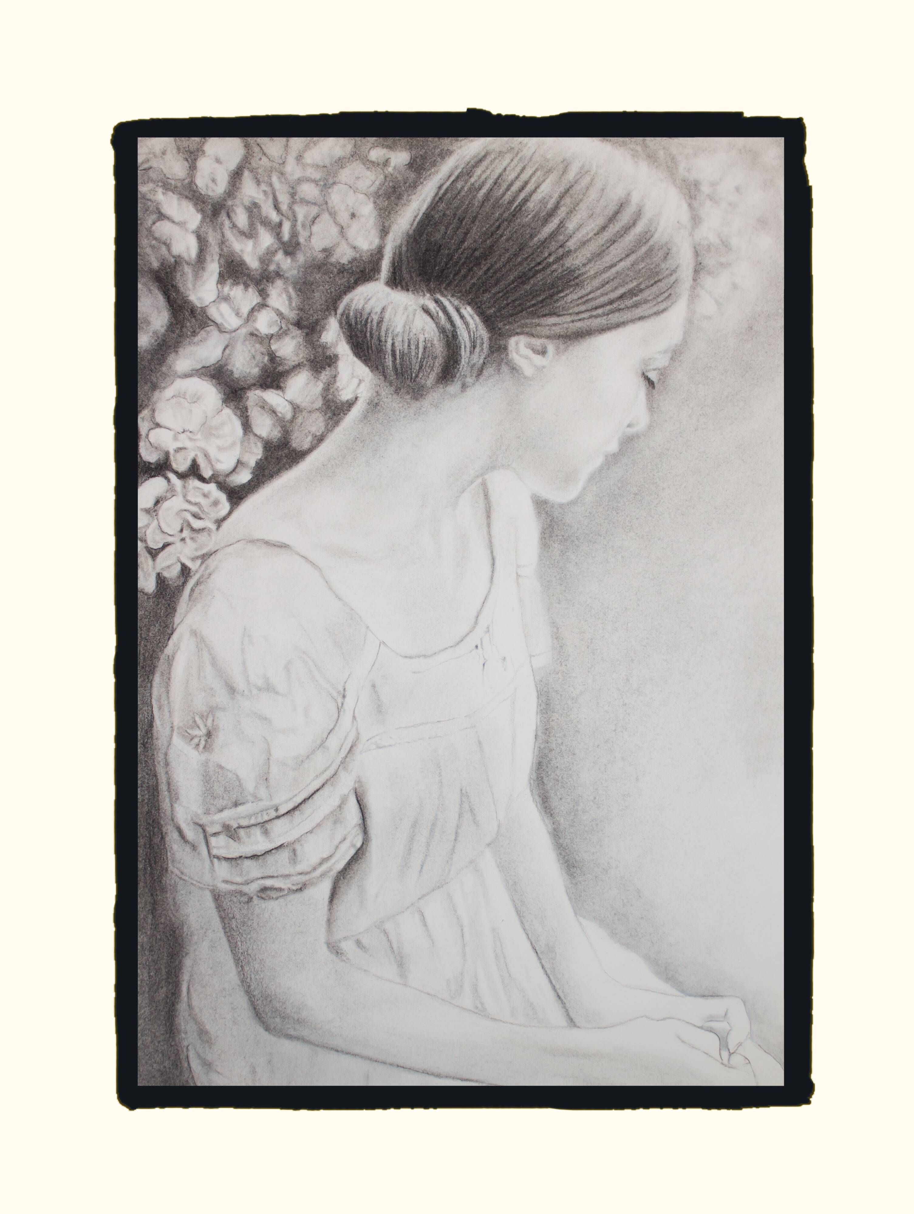 Charcoal drawing representing a young woman. Carbon paint.