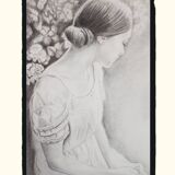 Charcoal drawing representing a young woman. Carbon paint.