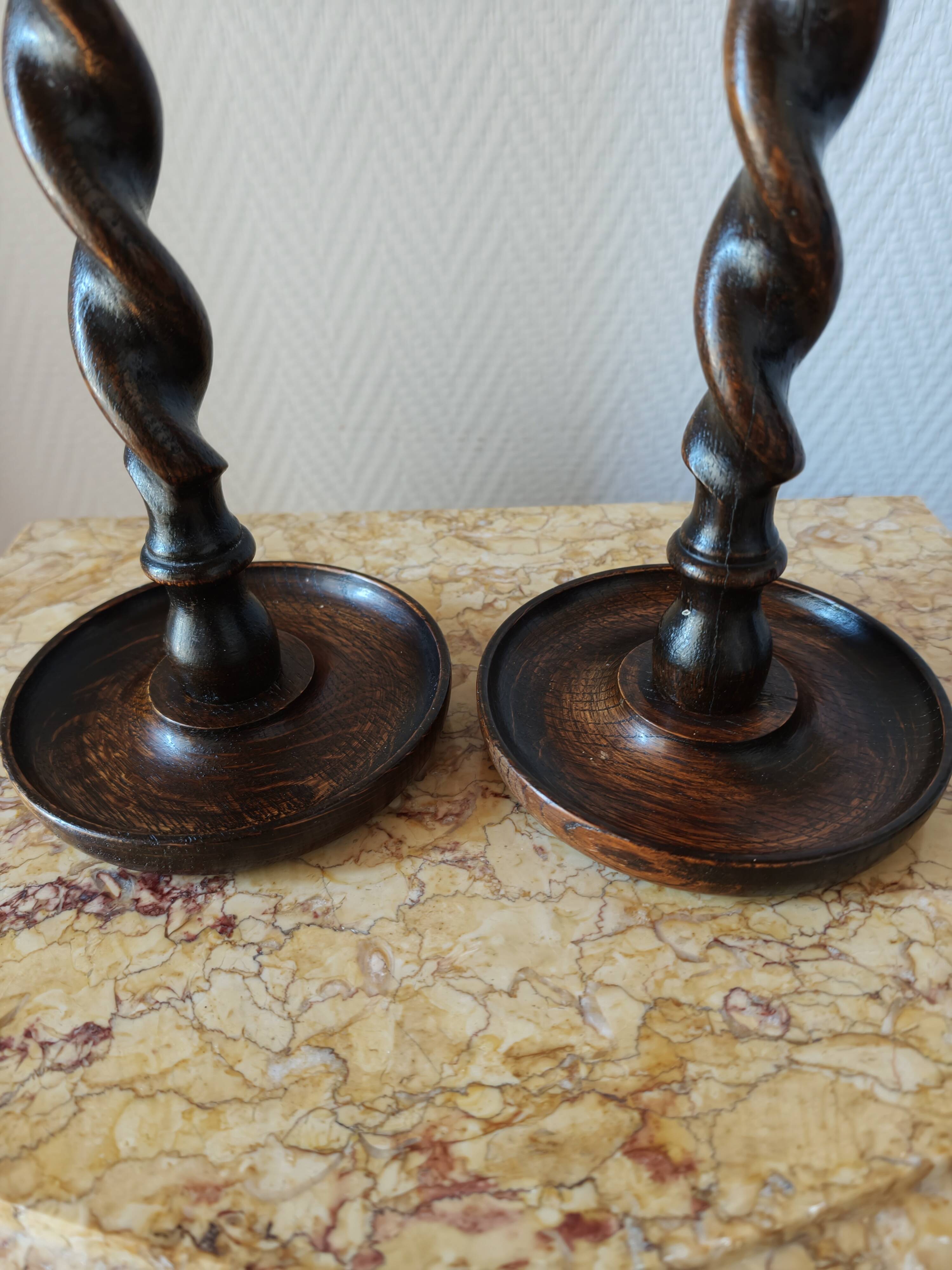 Pair of Barley Twist candlesticks in oak – English style, circa 1950