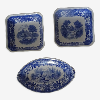 3 plats raviers Villeroy & Boch  faïence ancienne  366112 Burgenland Bleu