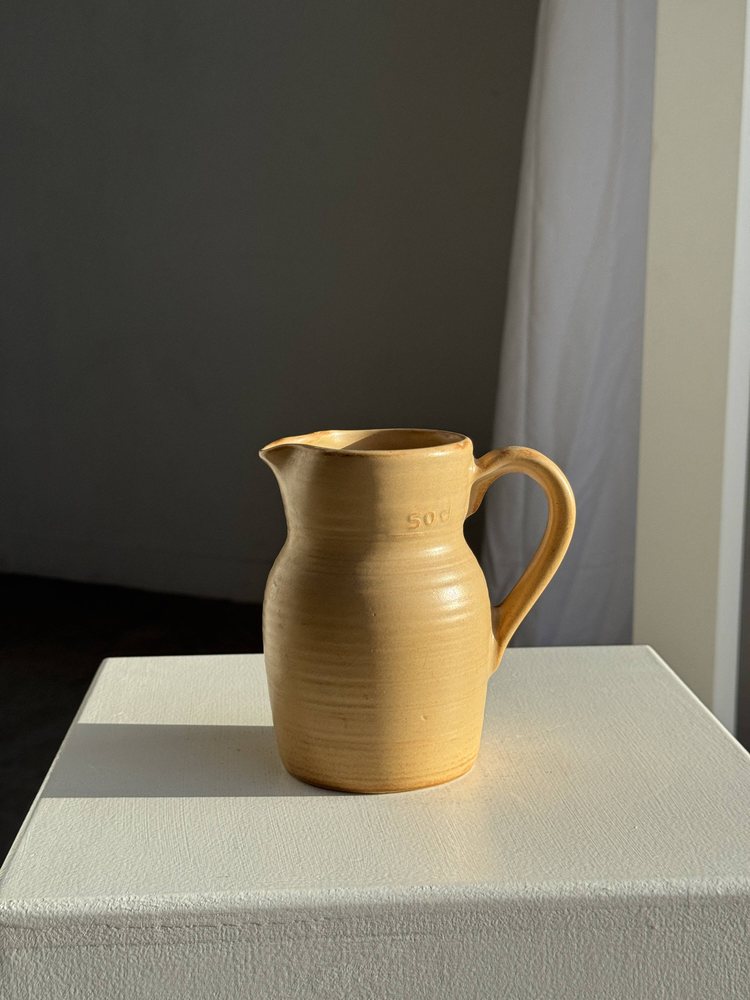 Small vintage jug engraved 50cl matte beige stoneware H14