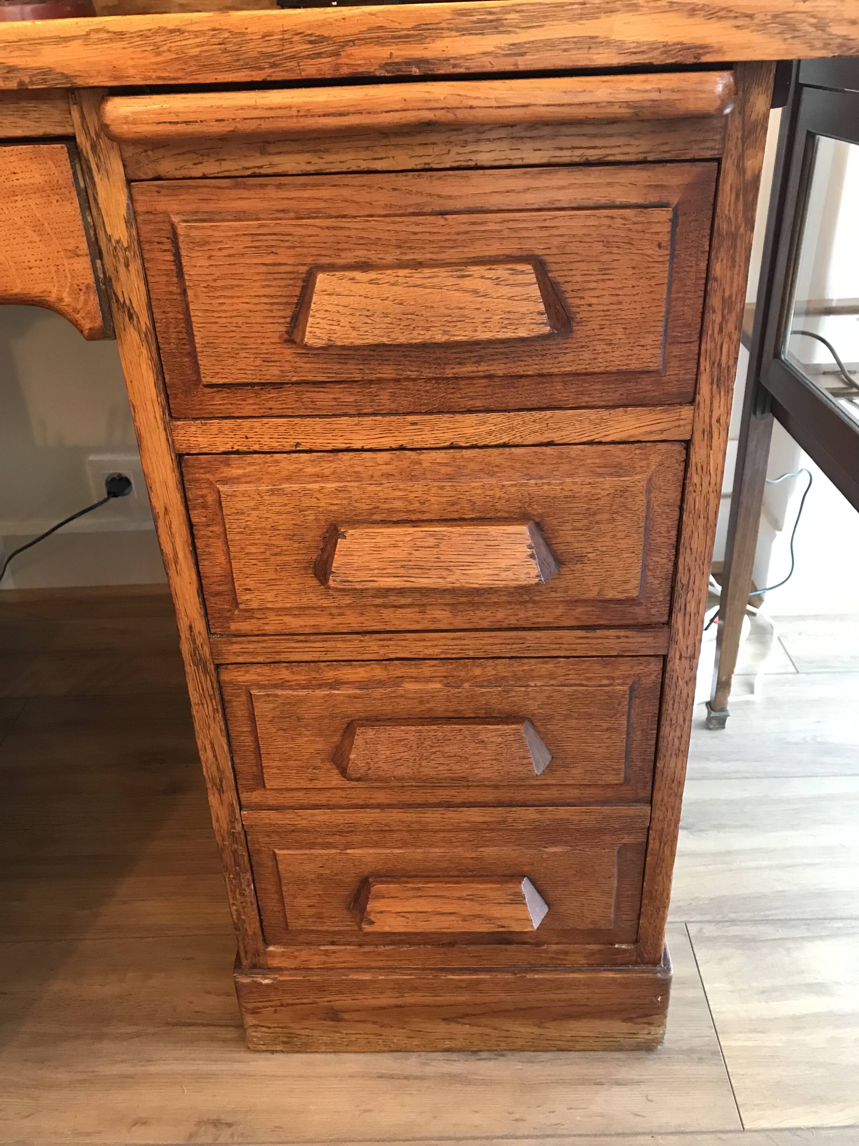 American desk with sliding shutter in solid oak, 20th century