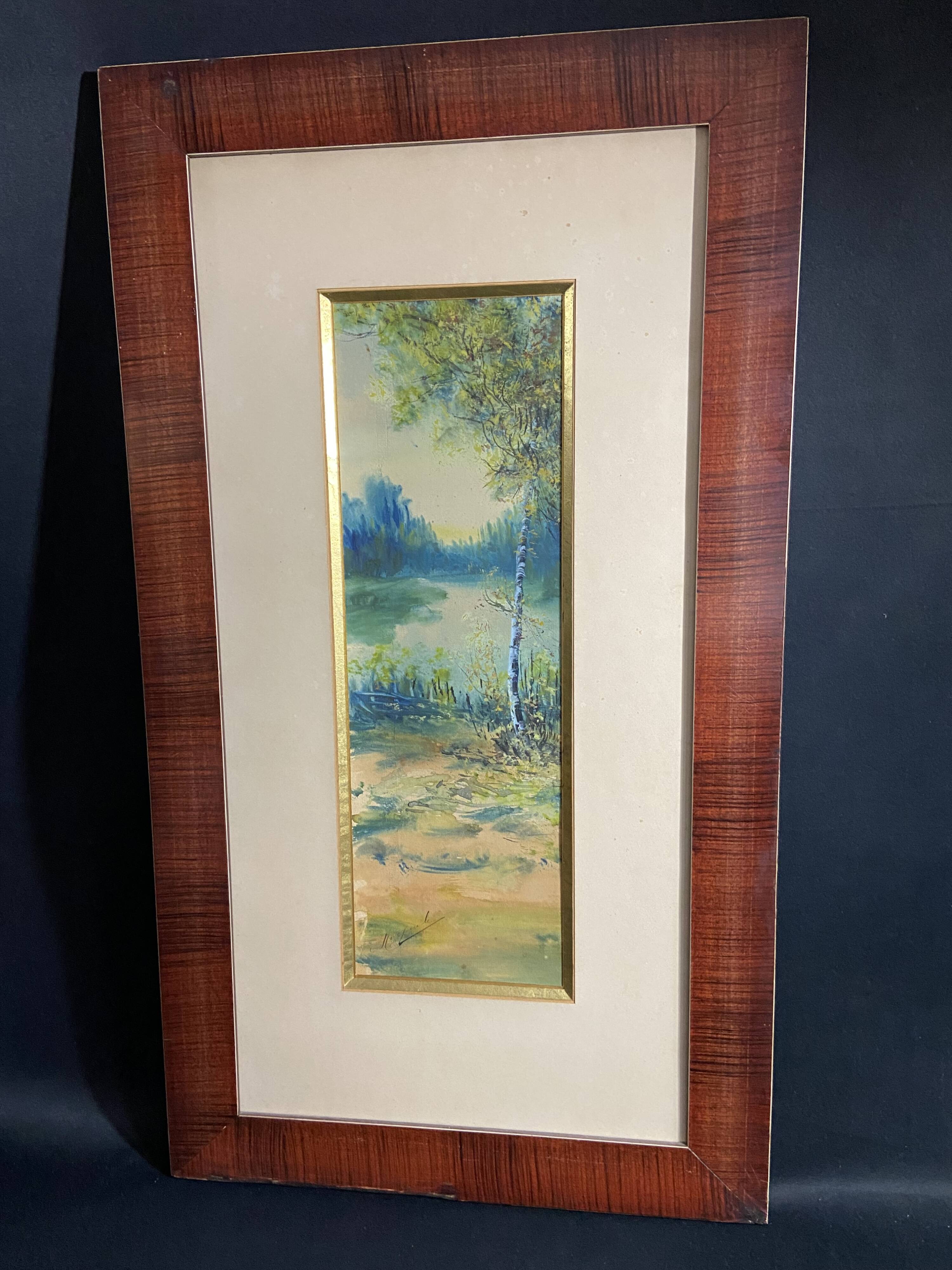 Large watercolor from the early 20th century, signed landscape of a wooded river bank