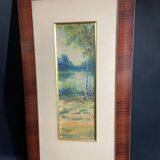Large watercolor from the early 20th century, signed landscape of a wooded river bank