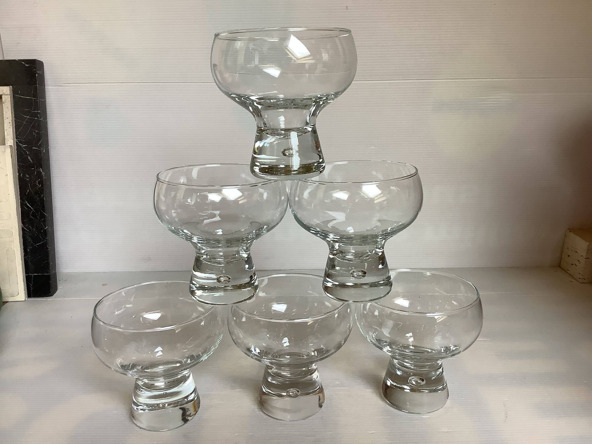 6 large bubble coupe glasses with a foot in the Kosta Boda style.