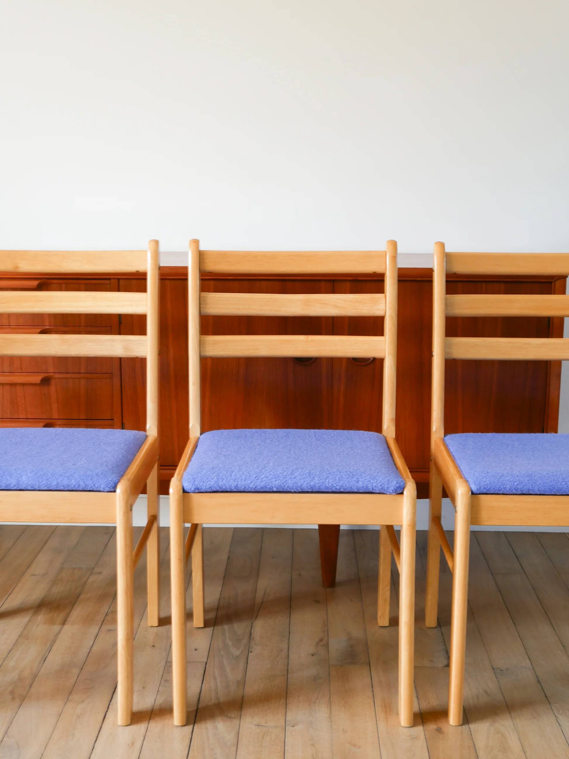 Set of 4 solid pine chairs, reupholstered in ocean blue wool, 1980.