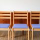 Set of 4 solid pine chairs, reupholstered in ocean blue wool, 1980.
