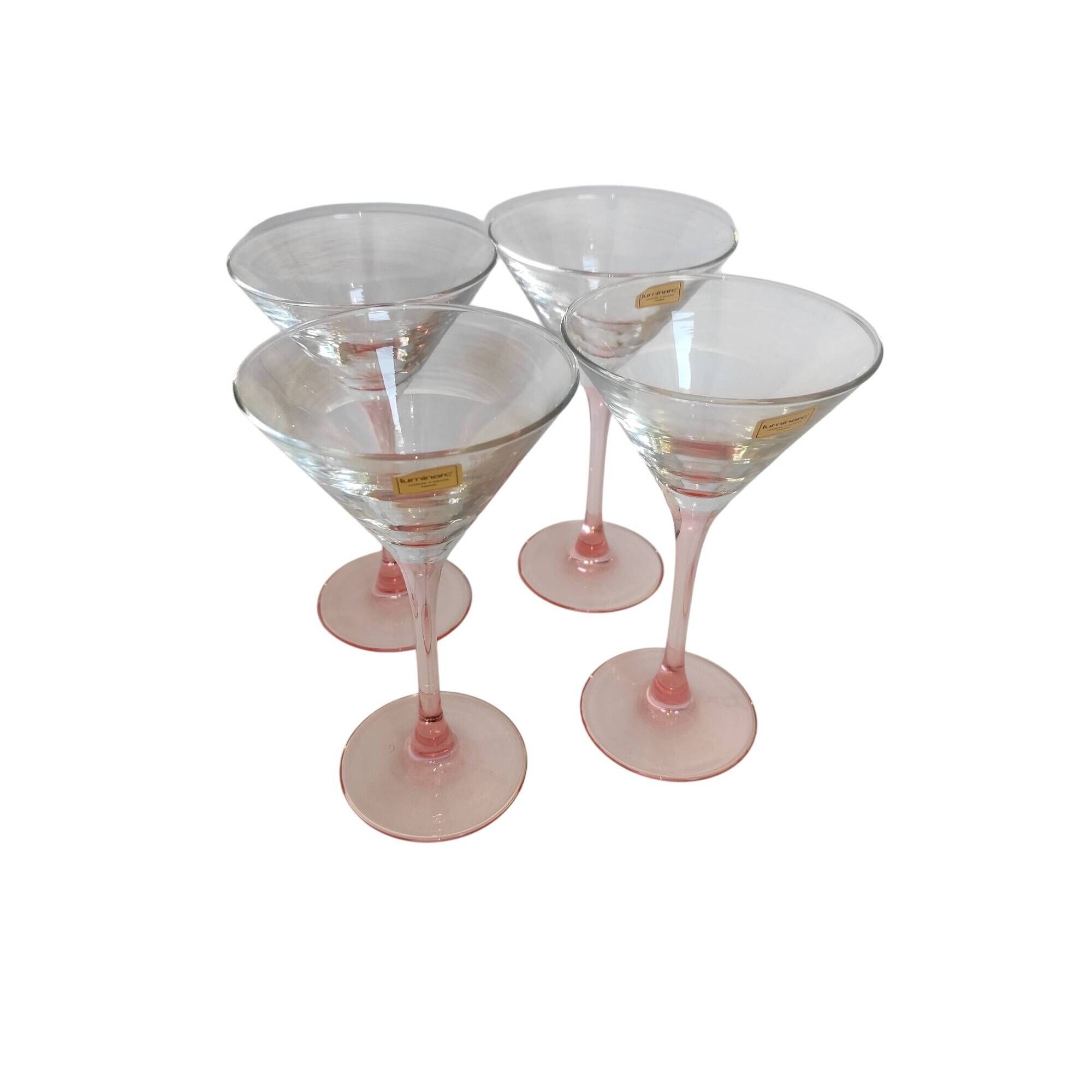 Set of 4 Luminarc Cocktail glasses with pink stems, original label from 1980.