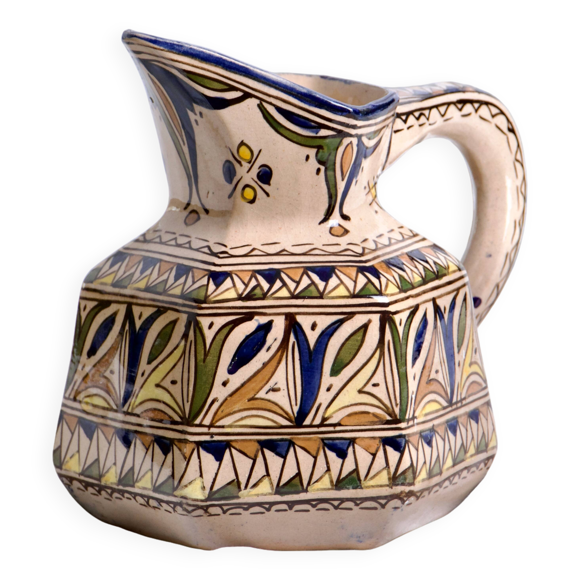 Antique hexagonal carafe in ceramic art from Fes