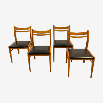 Lot de 4 chaises scandinaves en teck et skaï noir des années 60