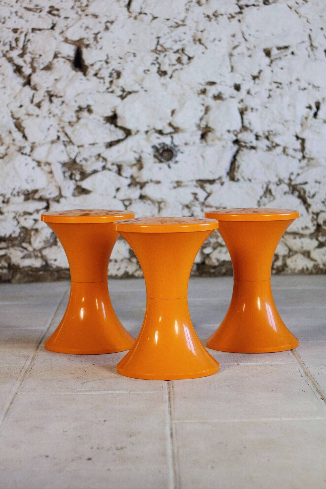 Set of 3 Tam Tam stools in orange by Henri Massonnet for Stamp, 1970.