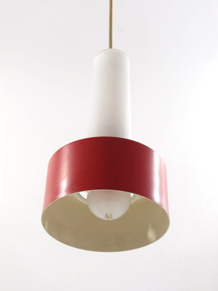 Philips Louis Kalff Mid-Century Hanging Lamp – Red and Opal Glass