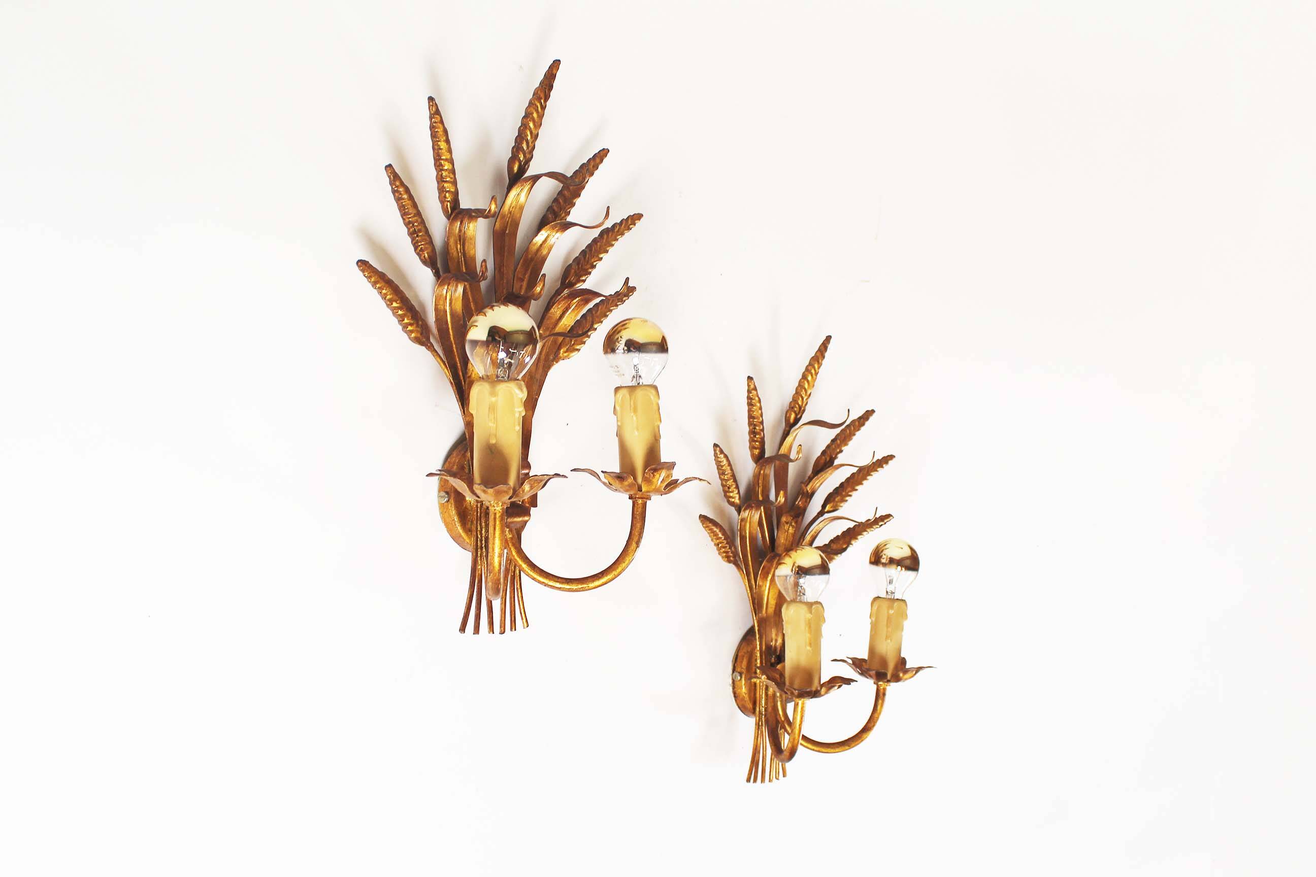 Pair of large vintage gilt sheaf of wheat sconces