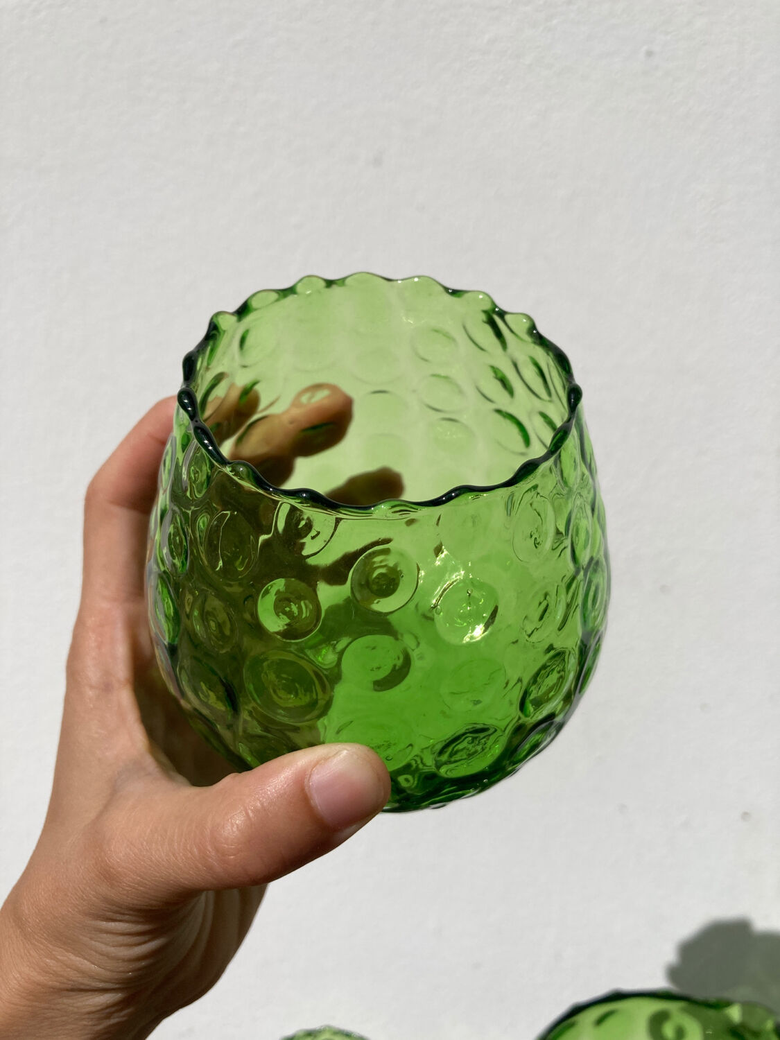 4 green water glasses and vintage blown glass carafe