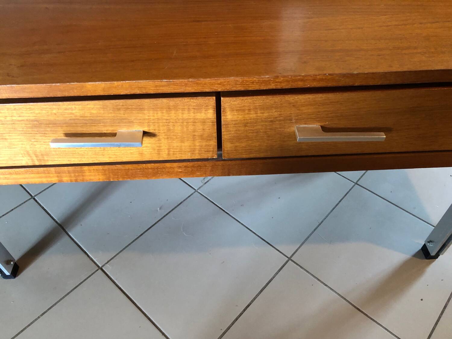 Teak and imitation leather sideboard with 2 drawers
