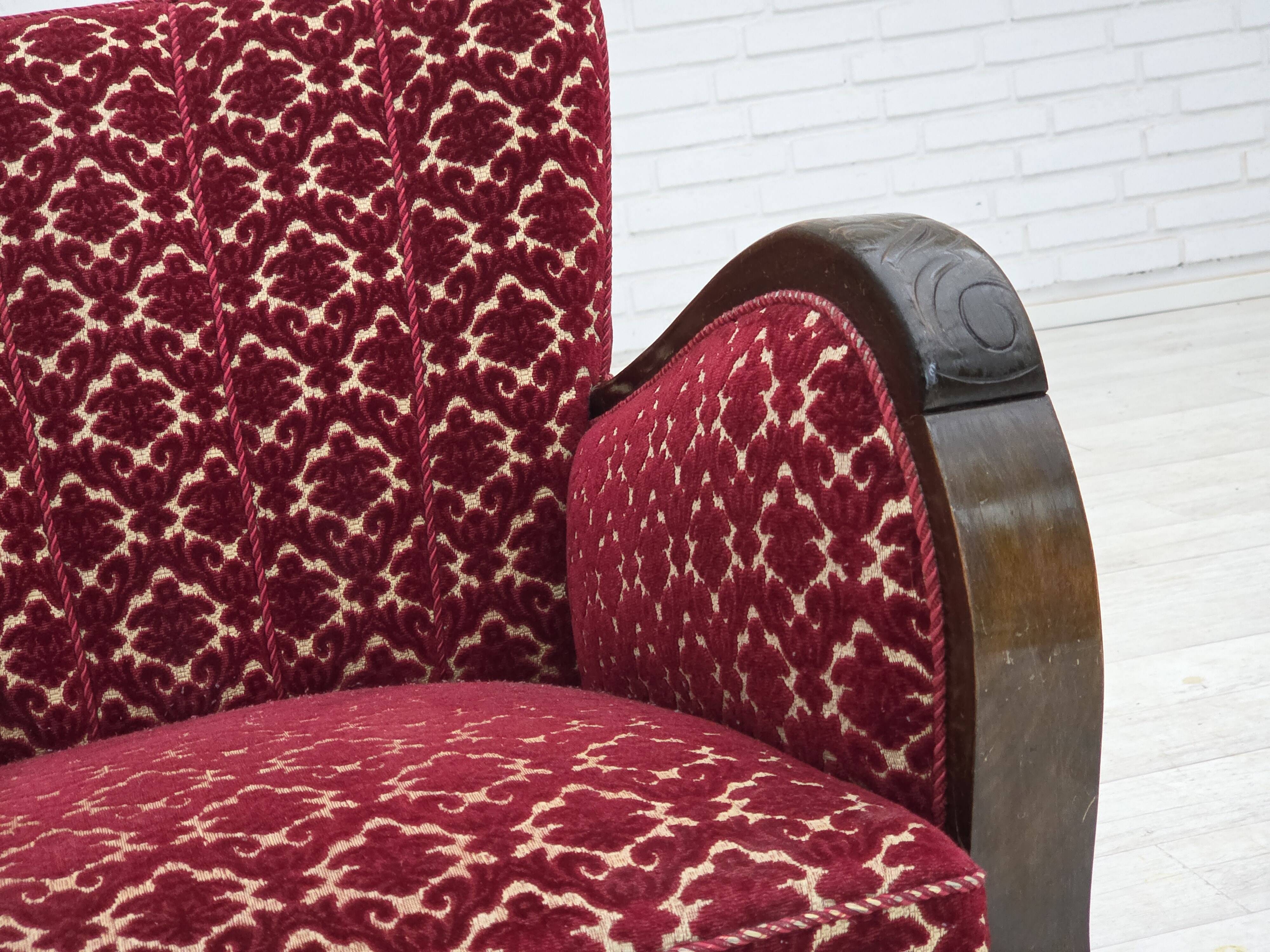 1960s, Danish armchair, cherry-red furniture velour, oak wood.
