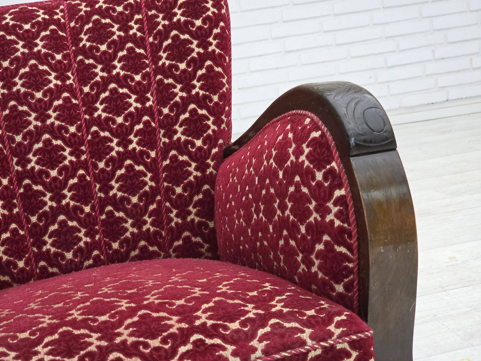 1960s, Danish armchair, cherry-red furniture velour, oak wood.