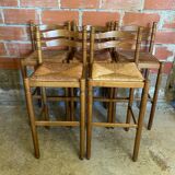 Tabouret de bar haut ancien bois tourné + assise paillée vintage