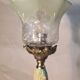 Art Nouveau bronze chalice lamp with antique tulip and painted water green glass