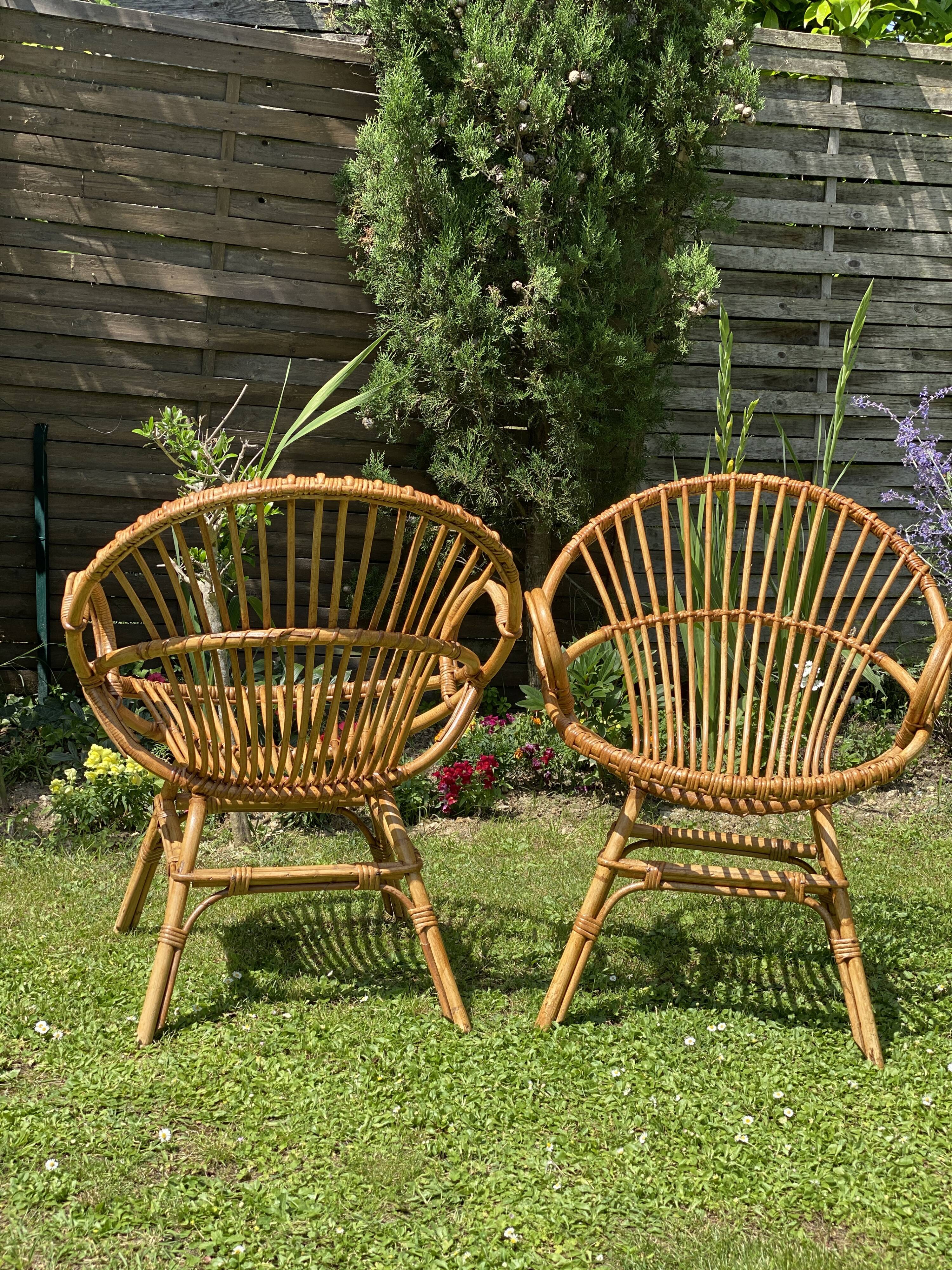 Paire de fauteuils rotin corbeille vintage