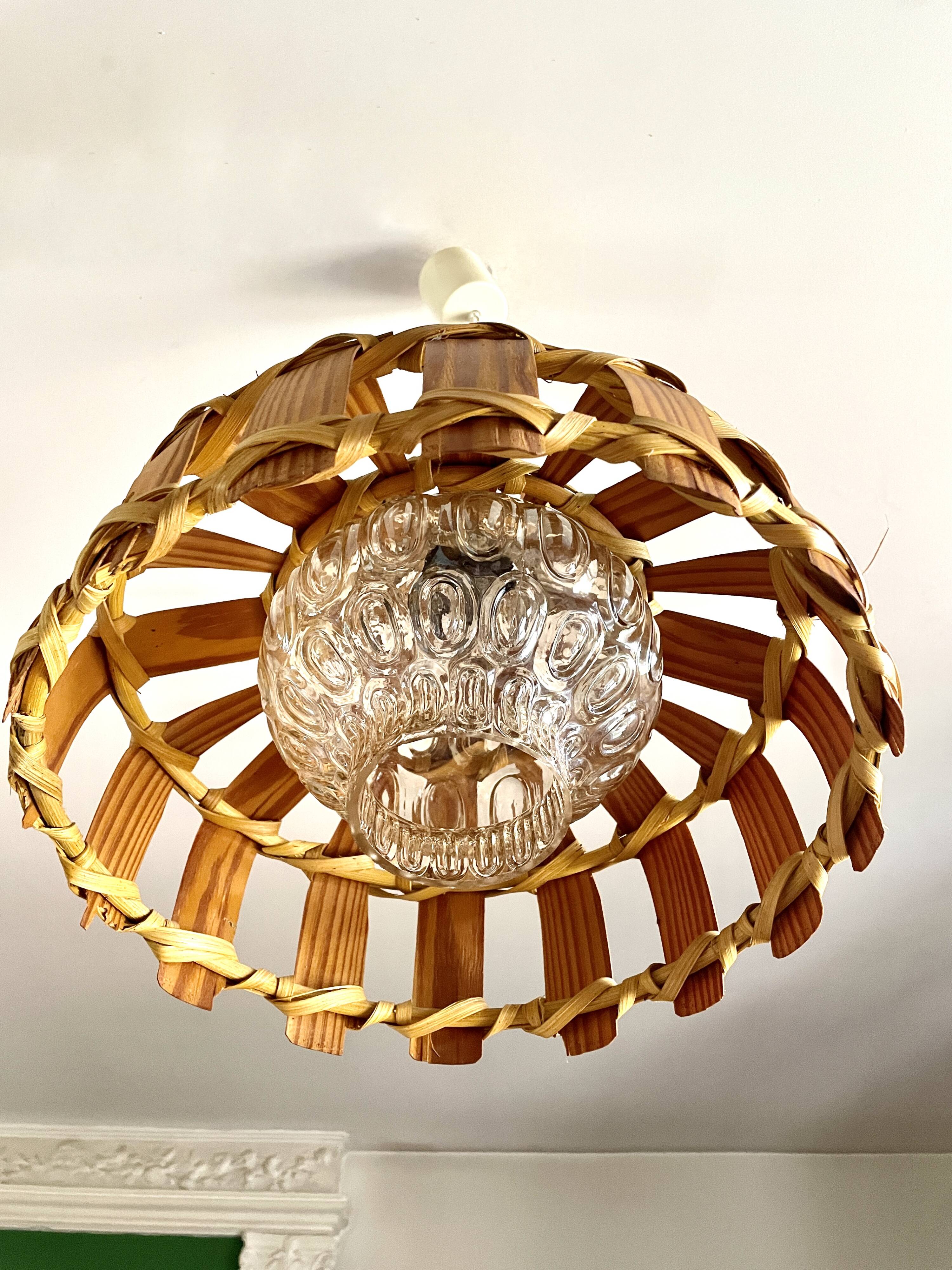 Scandinavian pendant light with wood veneer and bubble glass, 1970