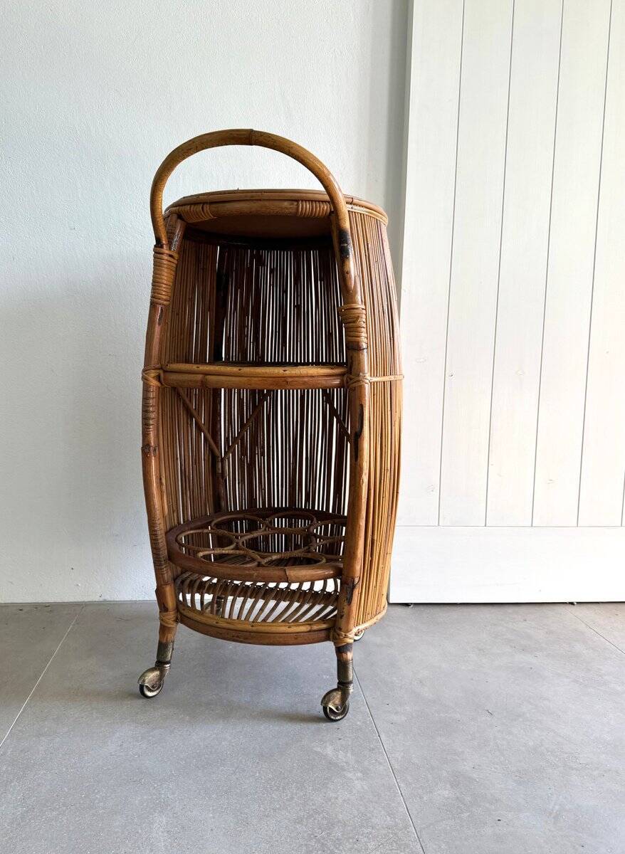 Vintage Bar Sports in bamboo and wicker bar cart, 1970s