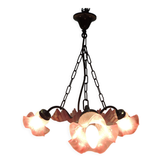 Three-pointed opaline lace chandelier pink and white earlyXXth / vintage