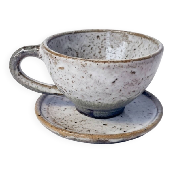 Tasse en grès artisanal et sa soucoupe – Émail moucheté