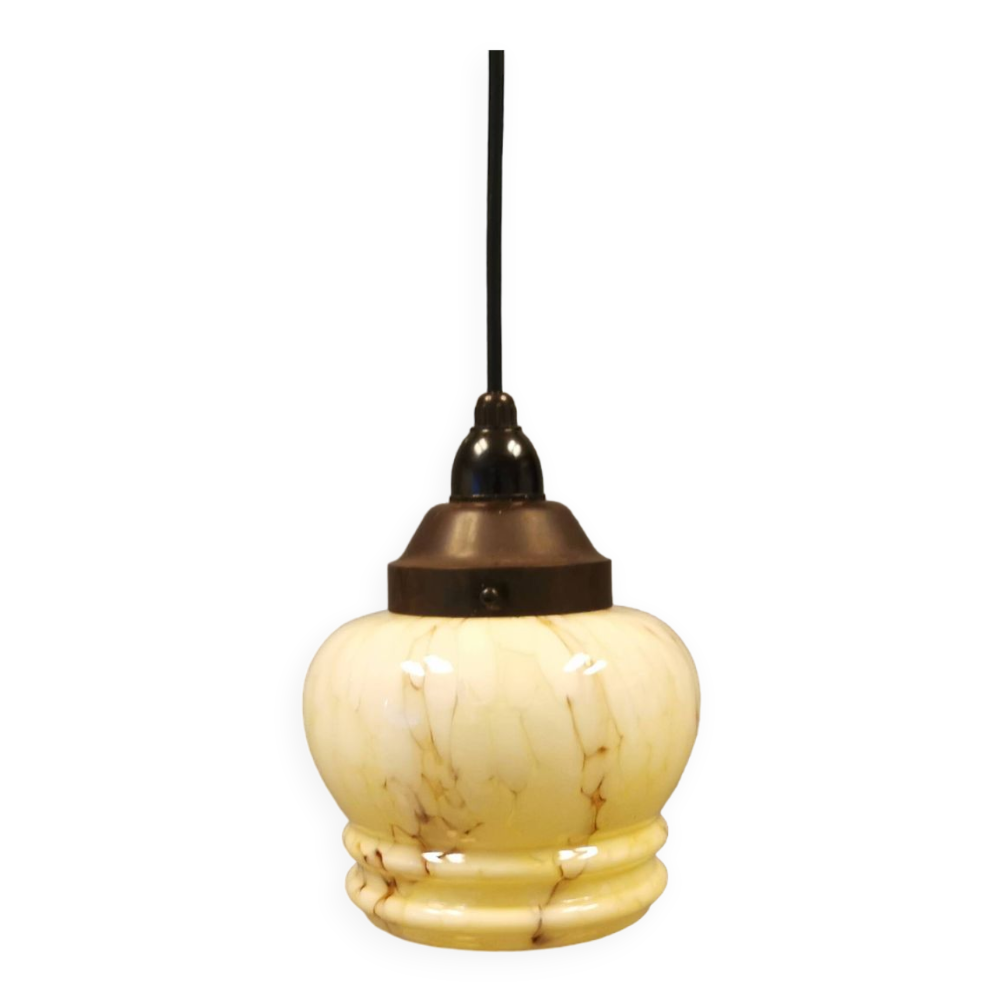 Small Art Deco hanging lamp in cream colored glass with bakelite top. Estimated 1950s