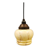 Small Art Deco hanging lamp in cream colored glass with bakelite top. Estimated 1950s