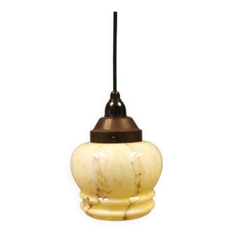 Small Art Deco hanging lamp in cream colored glass with bakelite top. Estimated 1950s