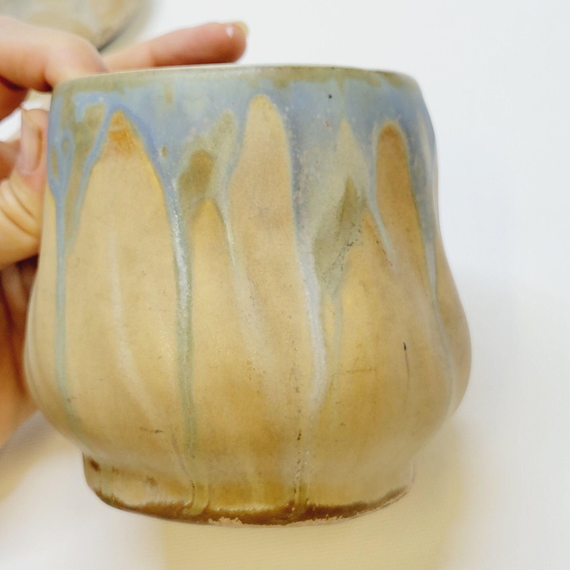 Gilbert Metenier Covered pot in beige and blue art nouveau flamed stoneware