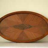 Oval wooden tray with glass and artisanal marquetry from the 70s.