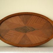 Oval wooden tray with glass and artisanal marquetry from the 70s.