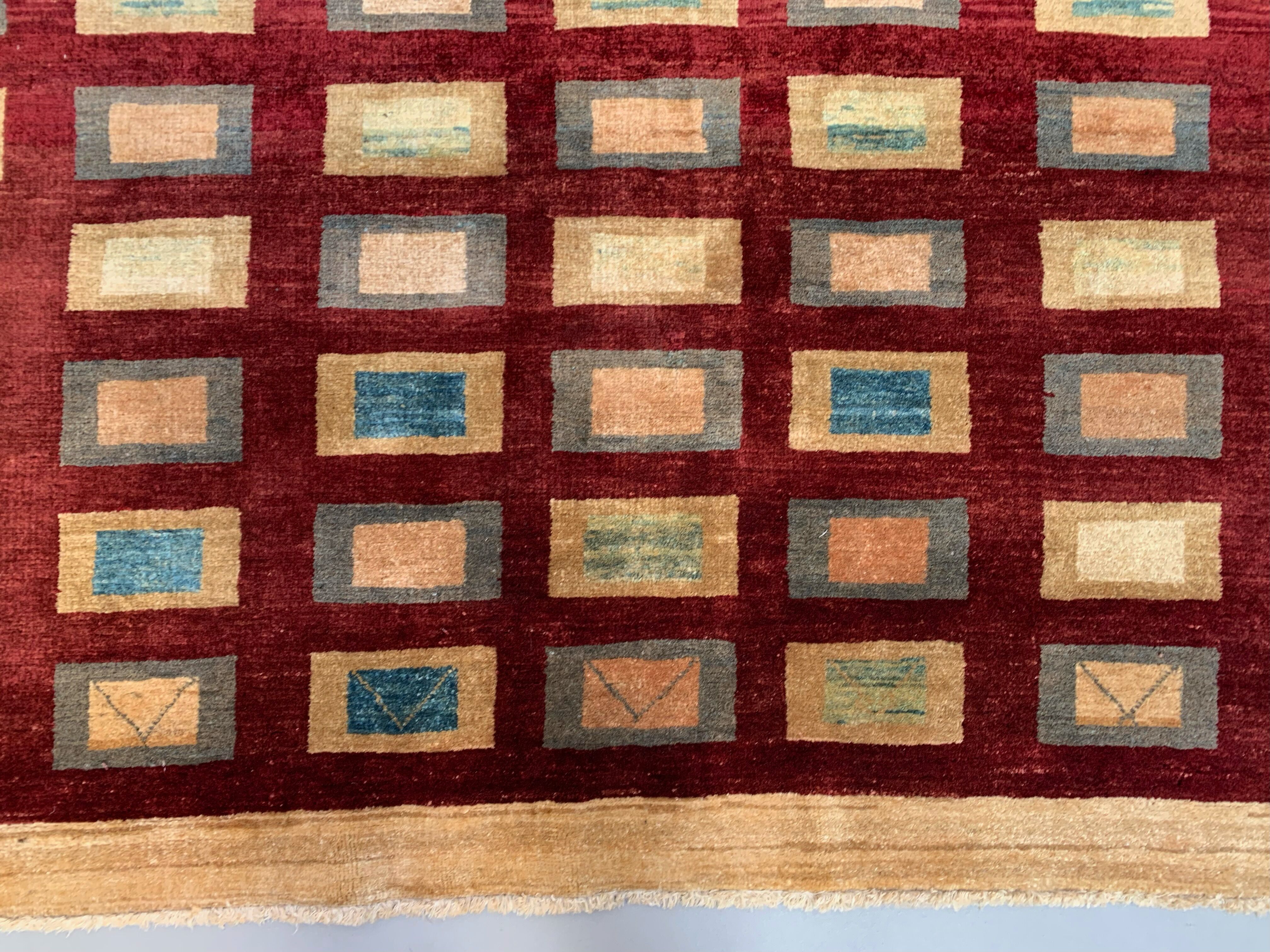 Afghan chobi art deco rug 183x173 cm, square tribal handmade,wool, beige