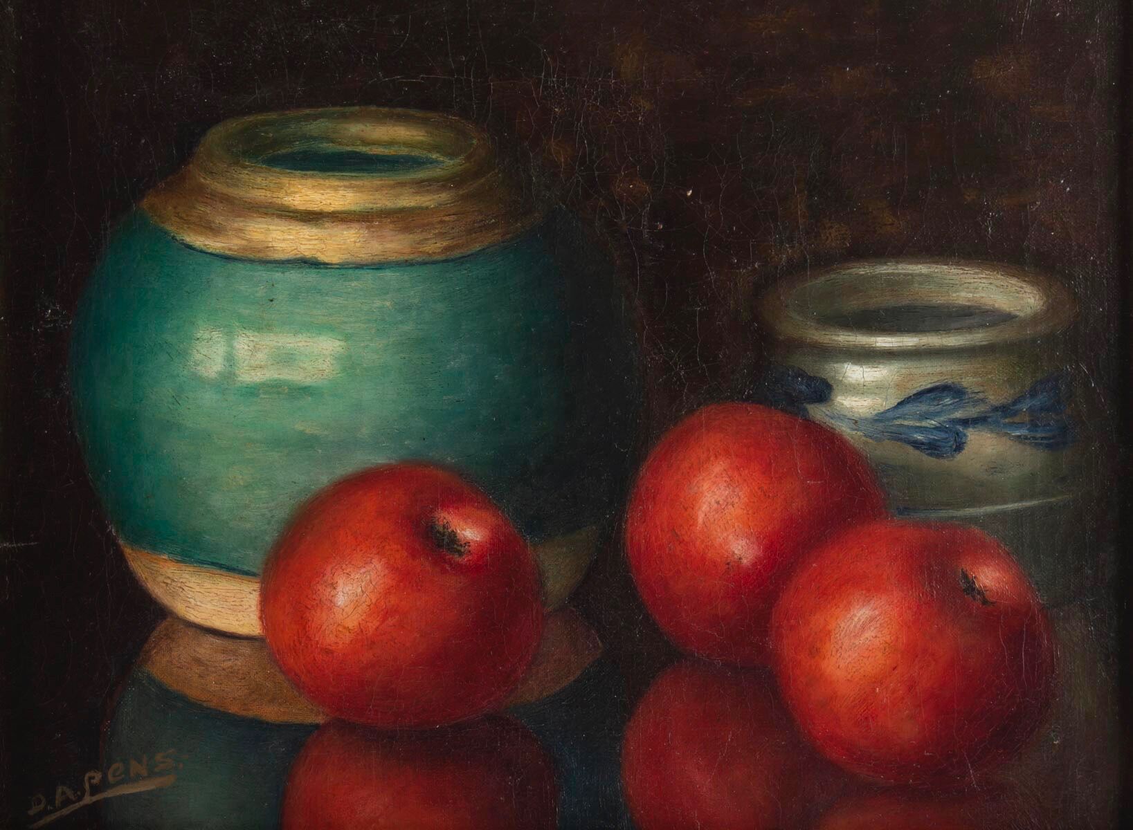 Still life with apples and ceramics by Dalens, 1921