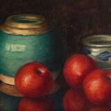 Still life with apples and ceramics by Dalens, 1921